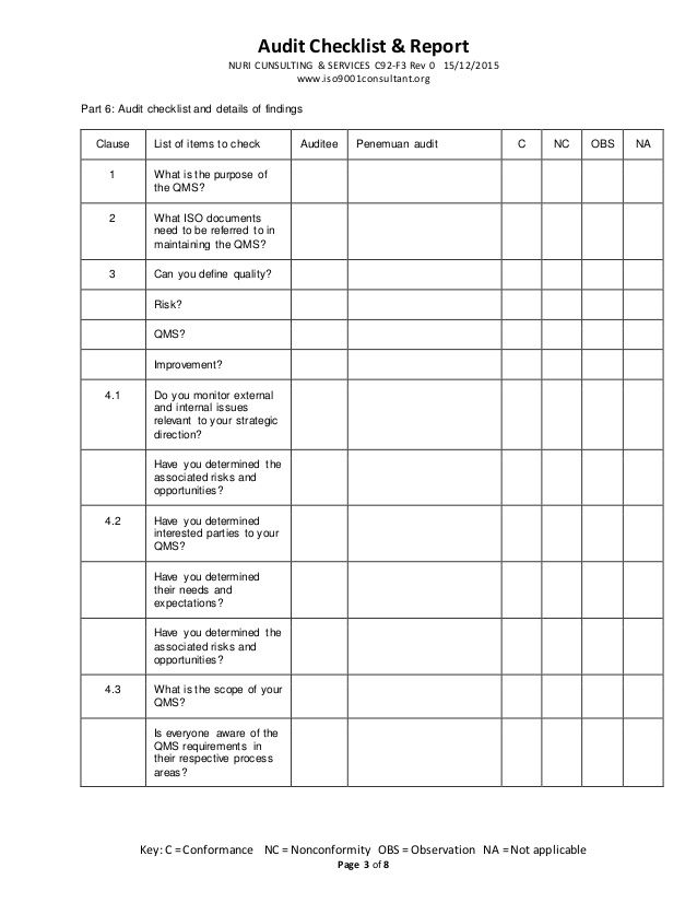 Iso 9001 audit checklist sample